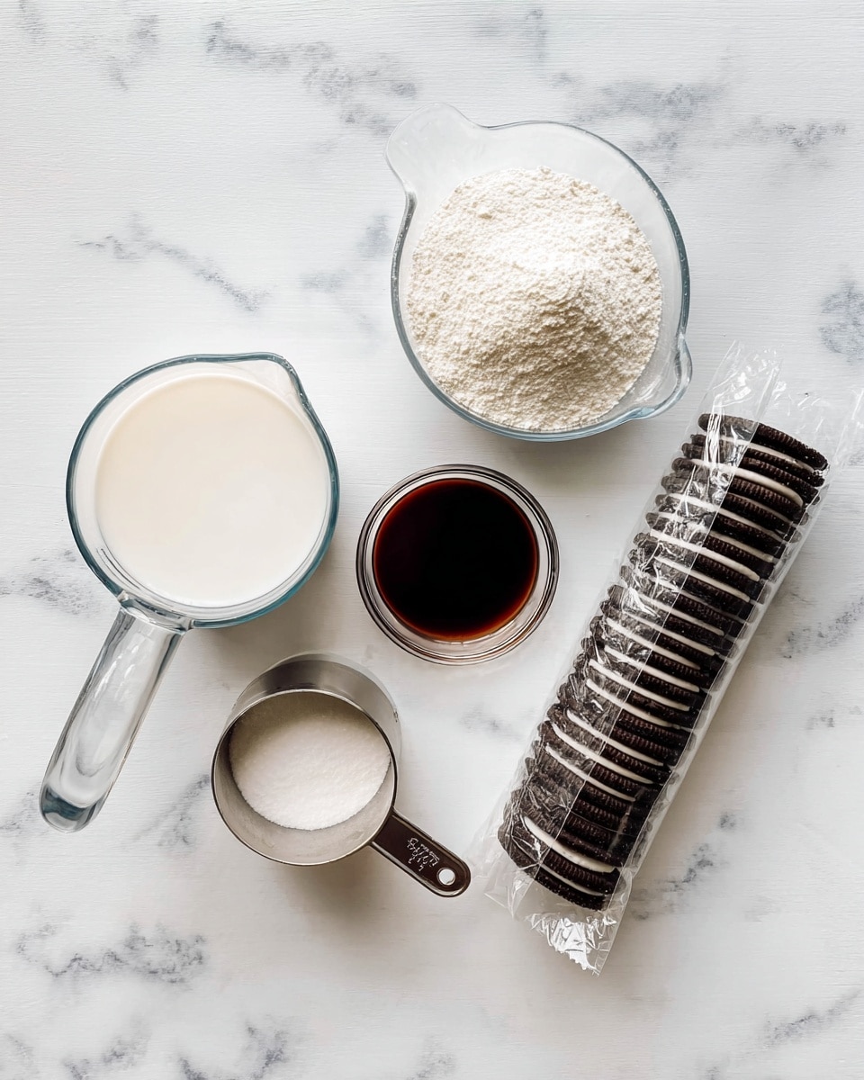 This image shows baking ingredients laid out neatly on a white marbled surface. There are two clear glass measuring cups filled with white liquids, one larger and one smaller. Next to them, there is a metal measuring cup full of white powder. Above that sits a small round glass bowl with a dark brown liquid. To the right side, there are two packs of stacked sandwich cookies in clear plastic wrapping with dark brown color. The arrangement has a clean and bright look, with a simple background and no clutter. photo taken with an iphone --ar 4:5 --v 7
