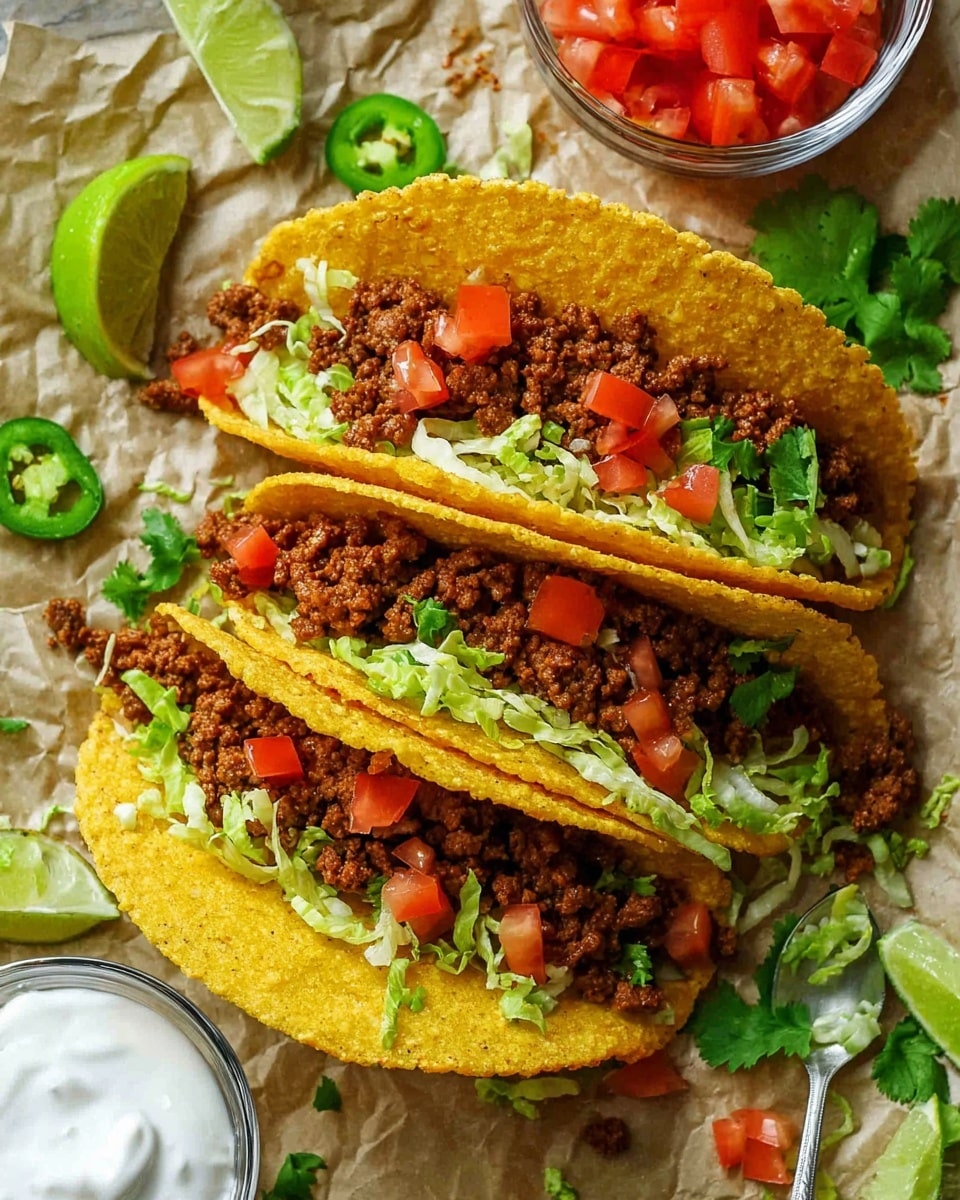 The image shows three crispy yellow taco shells arranged side by side on crinkled brown paper over a white marbled surface. Each taco has three main layers inside: a base layer of shredded light green lettuce, a thick middle layer of cooked brown seasoned ground beef, and a top layer with chunks of bright red tomato and small pieces of green cilantro. Around the tacos, there are scattered fresh cilantro leaves and slices of green jalapeño peppers. A lime wedge peek out from under the tacos on the bottom left. At the top right corner, a white bowl filled with chopped red tomatoes and a silver spoon beside it is visible, while at the lower right corner, a glass bowl of white sour cream is placed. The overall scene is colorful and fresh. photo taken with an iphone --ar 4:5 --v 7
