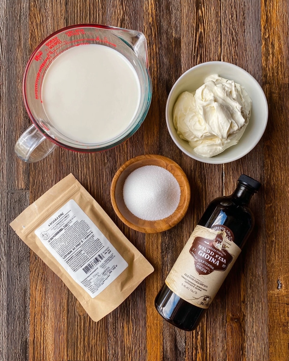 A group of ingredients is placed neatly on a wooden textured surface, including a clear glass measuring cup filled with light cream, a white bowl filled with white sugar, a small wooden bowl containing a pinch of salt, a dark glass bottle labeled vanilla extract, a metal tablespoon holding thick white cream, and a beige packet of Knox gelatin with clear text. The arrangement is simple and organized, emphasizing the creamy and powdery textures of the items. photo taken with an iphone --ar 4:5 --v 7