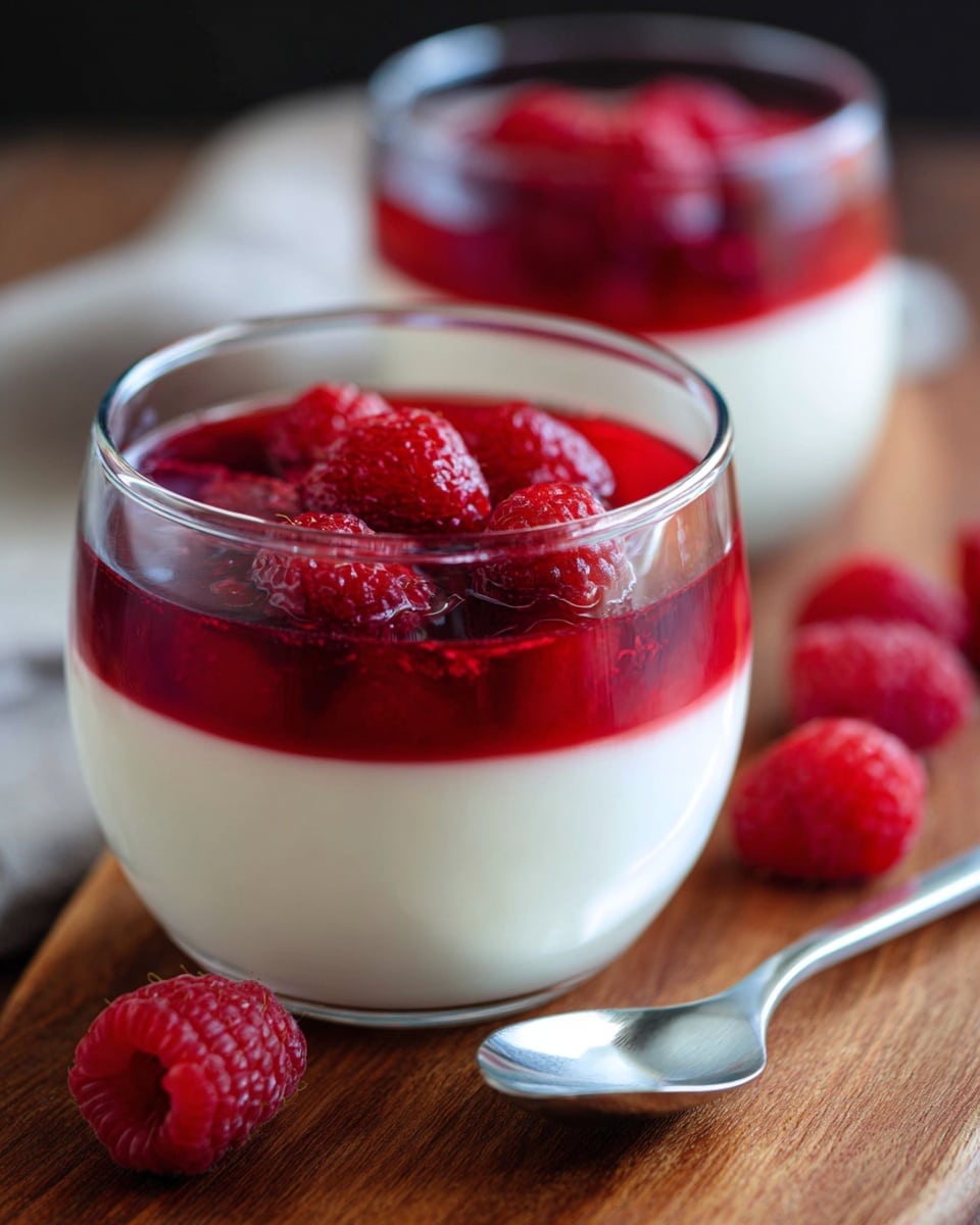 The image shows a clear glass filled with two layers: a thick white creamy base at the bottom and a red raspberry sauce with whole raspberries on top, creating a fresh and vibrant contrast. Another glass with the same dessert is blurred in the background. The setup is on a wooden surface, with a silver spoon placed nearby and a few fresh raspberries scattered around. The focus is sharp on the front glass, highlighting the smooth texture of the cream and the juicy look of the raspberries. Photo taken with an iphone --ar 4:5 --v 7