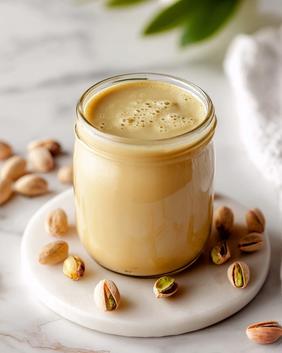 A clear glass jar filled with a smooth, creamy, light beige liquid topped with small bubbles. The jar sits on a round white marble surface scattered with whole pistachio nuts and shells around its base. The background is a soft white marbled texture with a blurred green leaf on the side. The scene is bright and clean, focusing on the jar and the nuts. photo taken with an iphone --ar 4:5 --v 7