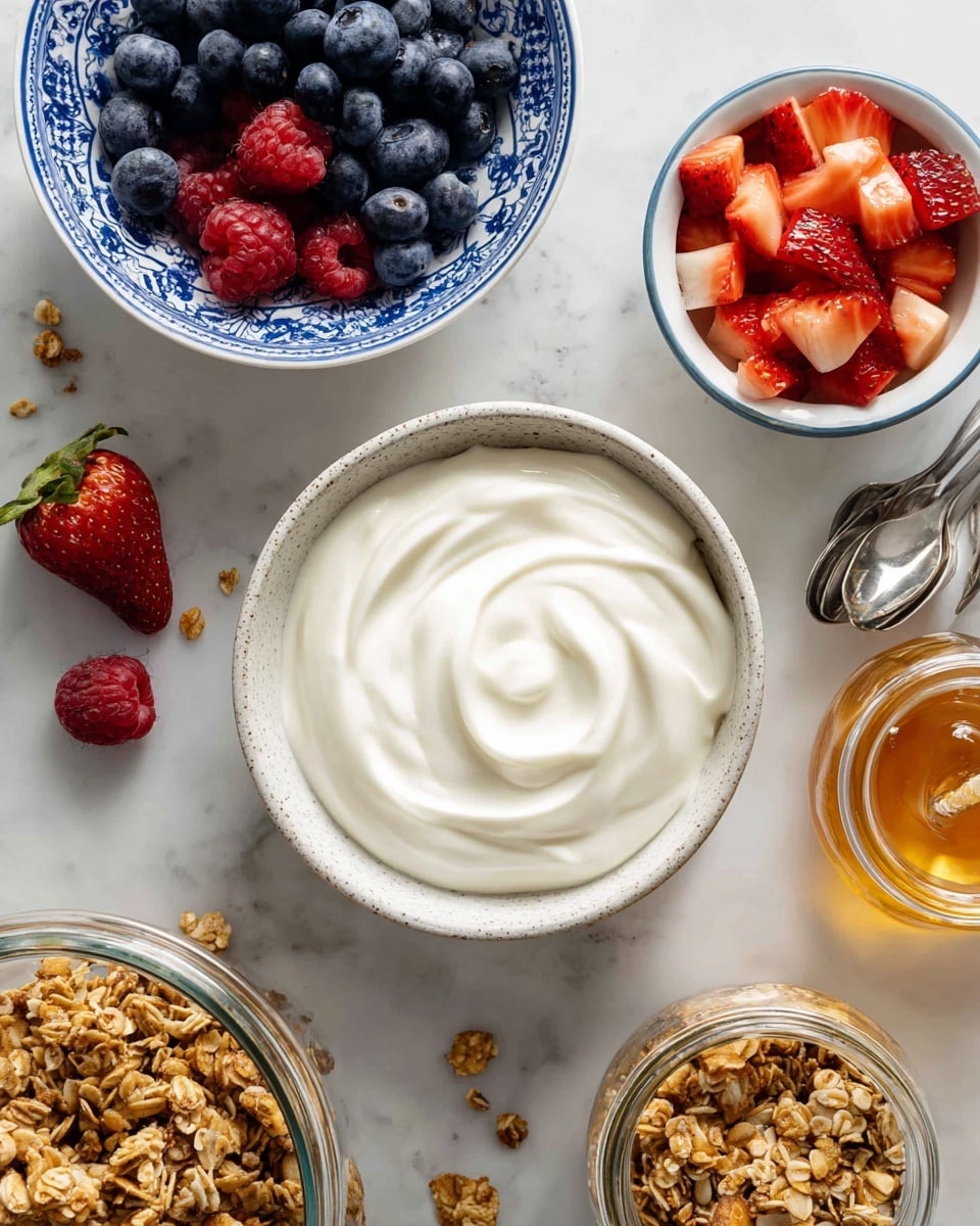 A top-down view of a white speckled bowl filled with smooth, creamy plain Greek yogurt with soft swirls on the surface, placed on a white marbled background. Above it is a small white bowl with a blue rim, filled with small, bright red diced strawberries. To the left is another white bowl with blue intricate patterns, filled with fresh whole blueberries and raspberries in rich shades of blue and red. Below is a clear glass jar filled with clusters of golden brown granola with a rough, crunchy texture. Small granola crumbs are scattered around the jar on the white marbled surface. Near the diced strawberry bowl is a small glass bottle with golden honey, and the top right corner shows a part of a jar with metal spoons inside. Photo taken with an iphone --ar 4:5 --v 7