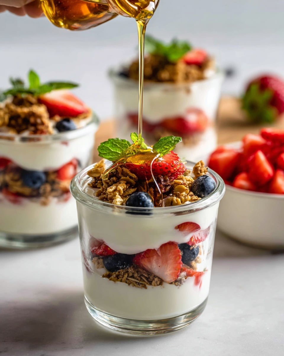 The image shows a clear glass cup with four layers: the bottom layer is smooth white yogurt, followed by a layer of mixed berries with strawberries and blueberries, then a crunchy golden brown granola layer, another thick layer of white yogurt, and finally topped with granola, fresh chopped strawberries, blueberries, and two green mint leaves. A golden honey drizzle is being poured from above onto the top layer. In the background, two more cups with similar layered yogurt parfaits are visible, placed on a white marbled surface. To the right, there is a white bowl filled with bright red chopped strawberries. Photo taken with an iphone --ar 4:5 --v 7