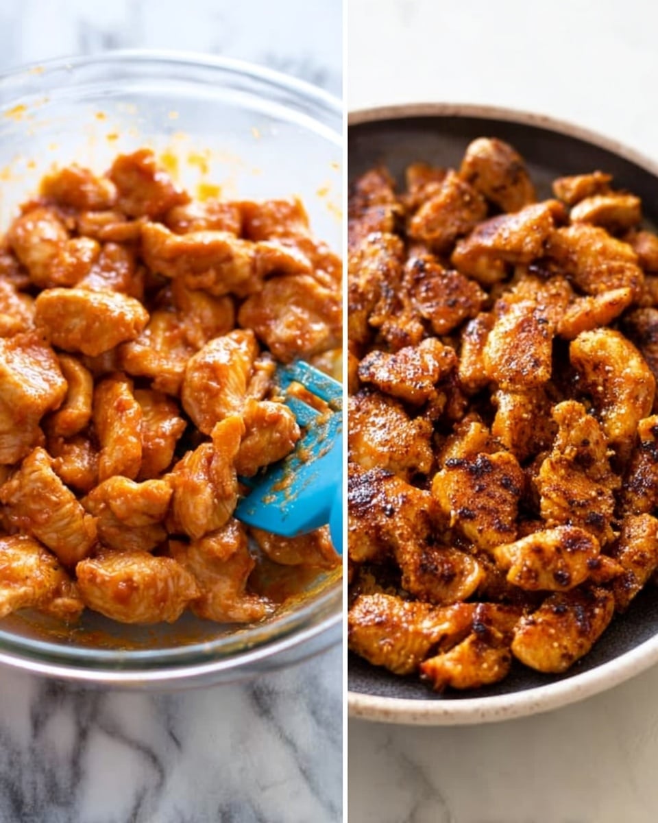 The image shows two side-by-side pictures of small pieces of raw and cooked chicken marinated in a reddish-orange sauce. On the left, the chicken pieces are in a clear glass bowl with the woman’s hand holding a blue spatula, mixing the chicken; the sauce looks thick and coats each piece evenly. On the right, the cooked chicken is in a white bowl with a slightly charred, golden-brown color and a textured surface showing spices. Both images are set on a white marbled background. photo taken with an iphone --ar 4:5 --v 7