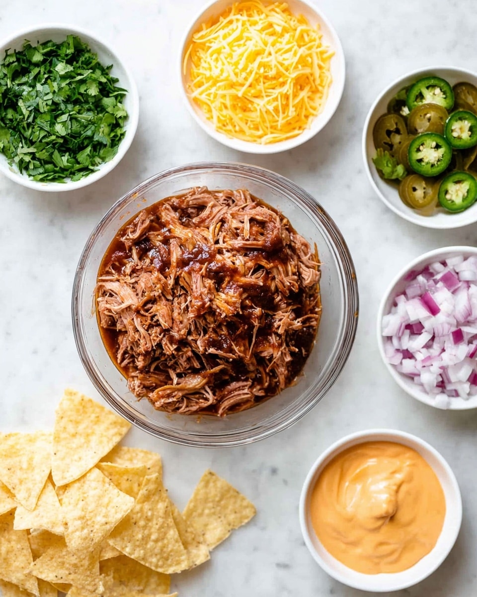 A clear glass bowl filled with shredded meat mixed in a dark brown sauce sits in the center of the image on a white marbled surface. Surrounding it are five small white bowls each holding different toppings: bright yellow shredded cheese, chopped fresh green herbs, sliced green jalapeños, diced red onions, and an orange creamy sauce. In the bottom left corner, a small pile of light yellow tortilla chips is displayed. The arrangement is neat, colorful, and ready for assembling a dish. Photo taken with an iphone --ar 4:5 --v 7