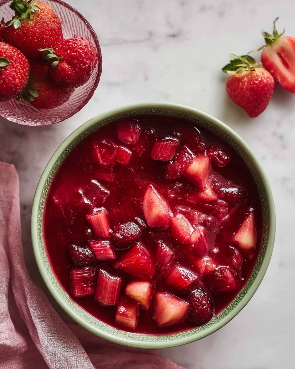 A top view of a bowl filled with a red fruit compote showing different layers of berries and fruit pieces in syrup. The bowl has a green edge but the inner part is white, filled with a mix of strawberries, raspberries, and rhubarb chunks. The fruit is bright red with a shiny, wet texture and the syrup is dense and deep red, covering the fruit evenly. Next to the bowl is a glass cup with fresh whole strawberries and part of a strawberry on the white marbled surface. The overall scene is simple and fresh, with a soft pink cloth partially visible under the bowl. Photo taken with an iphone --ar 4:5 --v 7