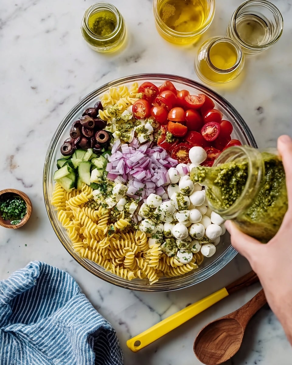 A clear glass bowl sits on a white marbled surface filled with eight distinct layers arranged in a circular pattern without mixing. Starting from the top and moving clockwise: bright red grape tomatoes halved, black and green olive slices, cooked yellow rotini pasta, fresh chopped green herbs, thinly sliced red onions, diced cucumber, small white mozzarella balls drizzled with green pesto, and finely chopped white onions in the center. A woman's hand pours green pesto dressing from a jar over the salad. Nearby, a yellow measuring spoon and wooden spoon lie on the surface, with two small glass jars containing liquids positioned above the bowl. A blue and white striped cloth is placed beneath the woman's hand. photo taken with an iphone --ar 4:5 --v 7