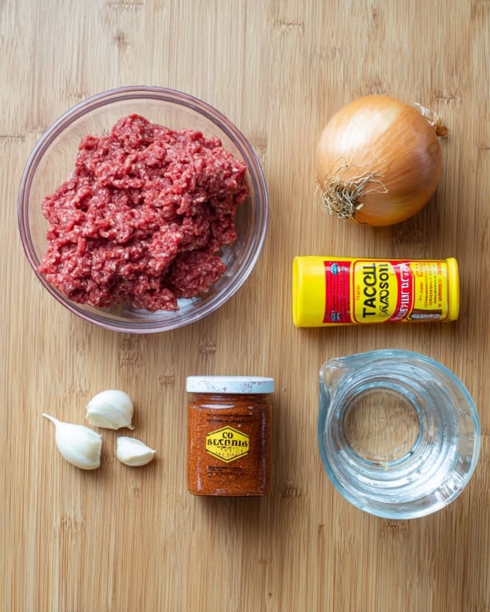 The image shows six ingredients placed neatly on a light brown wooden surface with a white marbled texture. On the left is a clear glass bowl filled with dark red raw ground meat. Near the top center are two small white garlic cloves and a whole yellow onion with a dry brown stem. To the right of the onion is a bright yellow and red tube of tomato paste. Below the garlic and tomato paste container is a small clear jar labeled “Taco Seasoning” filled with reddish-brown spice. On the far right side is a clear glass measuring cup showing a small amount of water inside. photo taken with an iphone --ar 4:5 --v 7