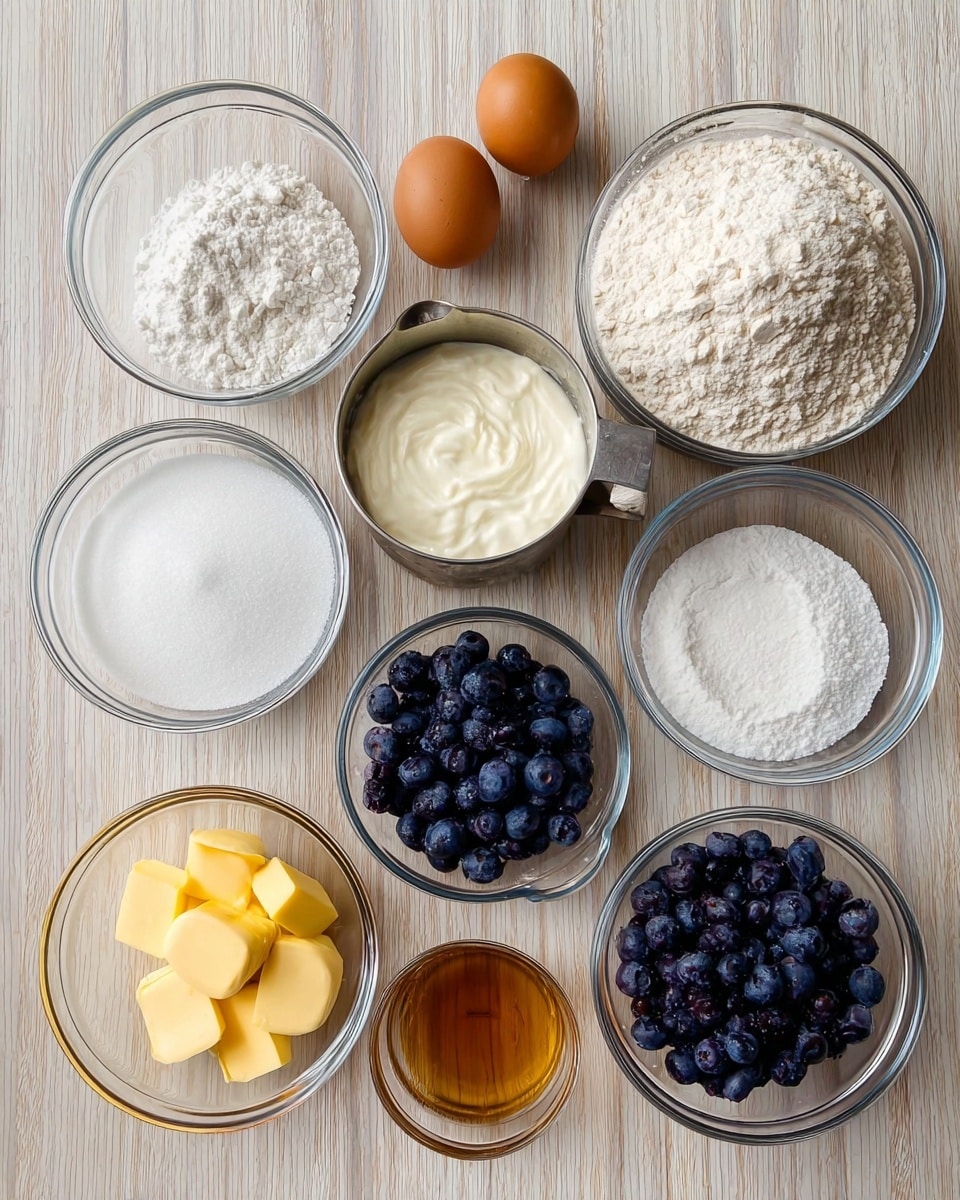 The image shows nine clear glass bowls and a metal measuring cup with ingredients on a wooden table, arranged neatly. Starting from the top right, there is a large bowl filled with white flour, next to two brown eggs. Below the eggs is a metal measuring cup filled with thick white yogurt. To the left of the yogurt is a small glass bowl with white powder, likely baking soda, and above it another small bowl with a white powdery ingredient, probably baking powder. Below those, there is a medium bowl filled with white granulated sugar. To the right of the sugar bowl, a large bowl holds a heap of dark blue blueberries. On the bottom left, a small bowl contains several yellow butter slices, and above it, a small bowl has a light amber liquid, likely vanilla extract. The background is a white marbled surface. photo taken with an iphone --ar 4:5 --v 7