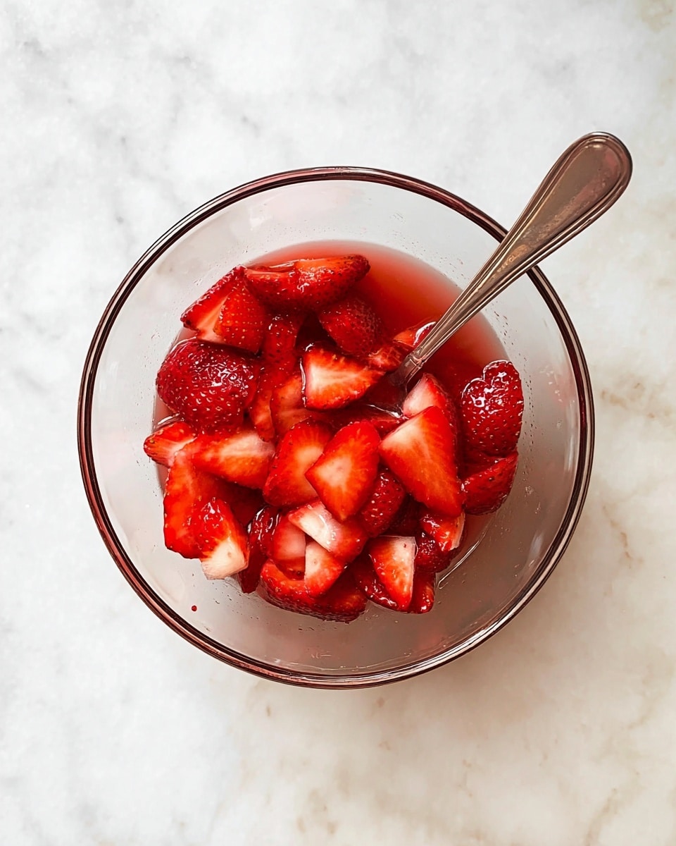 A clear glass bowl filled with bright red, sliced strawberries soaked in a light red juice. The strawberries are cut into uneven pieces showing their red and white inside textures. A silver spoon lies inside the bowl, partially covered by the strawberries. The bowl is placed on a white marbled surface. photo taken with an iphone --ar 4:5 --v 7