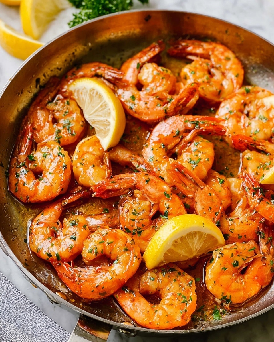 A round metal pan filled with one layer of cooked shrimp, each shrimp is orange with a glazed shiny texture, some sprinkled with small green herbs, and a few thin lemon slices are placed on top and between the shrimp. The pan rests on a white marbled surface, with a few lemon wedges and green parsley visible in the background. The shrimp look juicy and well-cooked with slight brown spots from cooking. photo taken with an iphone --ar 4:5 --v 7