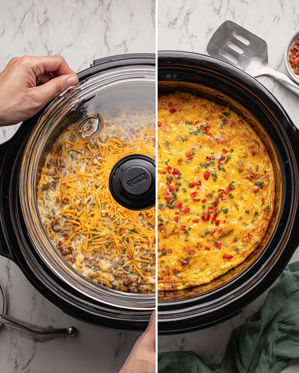 The image shows a slow cooker with two views of a baked cheesy casserole dish. On the left side, a woman’s hand is lifting the clear glass lid off the slow cooker, revealing a layered dish inside. The bottom layer looks creamy with visible bits of ground meat and diced vegetables in green and red colors. The top layer is covered evenly with shredded orange cheese. On the right side, the dish is fully cooked and has formed a firm, golden-yellow top layer with melted cheese and small red and green vegetable pieces scattered on top, creating a colorful pattern. The slow cooker sits on a white marbled surface with a green cloth napkin and a metal spatula beside it. Photo taken with an iphone --ar 4:5 --v 7