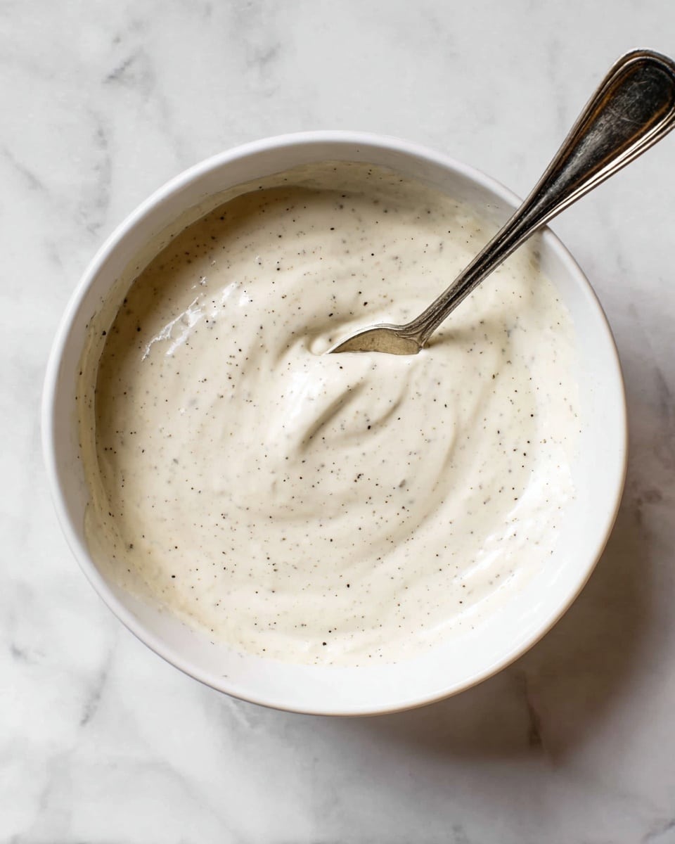 A white bowl filled with a thick, creamy white sauce that has visible small black pepper specks evenly spread throughout the smooth texture, with a slightly shiny surface showing gentle swirls. A vintage silver spoon rests inside the bowl, its handle extending across the bowl's edge to the right, with the spoon part partially dipped into the sauce, creating a soft curve in the sauce. The bowl is placed on a white marbled surface that adds a subtle pattern in the background. photo taken with an iphone --ar 4:5 --v 7