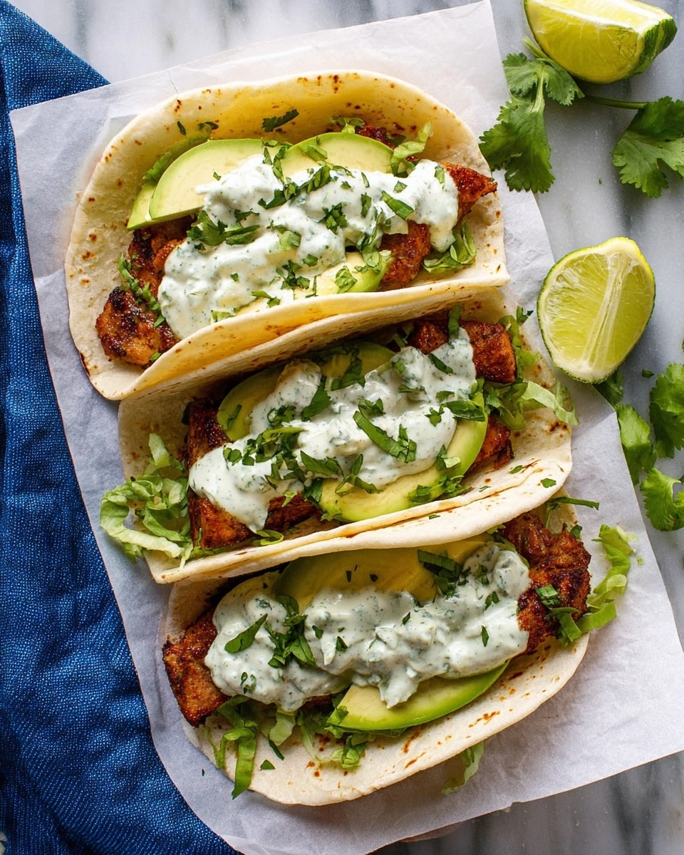 Three soft white tortillas are filled with a bottom layer of browned crispy grilled pieces, followed by sliced avocado with a smooth light green color, and topped with a thick off-white creamy sauce with green herbs mixed in. Each taco is sprinkled with fresh bright green chopped cilantro leaves. The tacos rest on a piece of white parchment paper over a white marbled surface. There are lime halves and fresh cilantro sprigs placed around the tacos. A blue cloth is seen on the right side. photo taken with an iphone --ar 4:5 --v 7