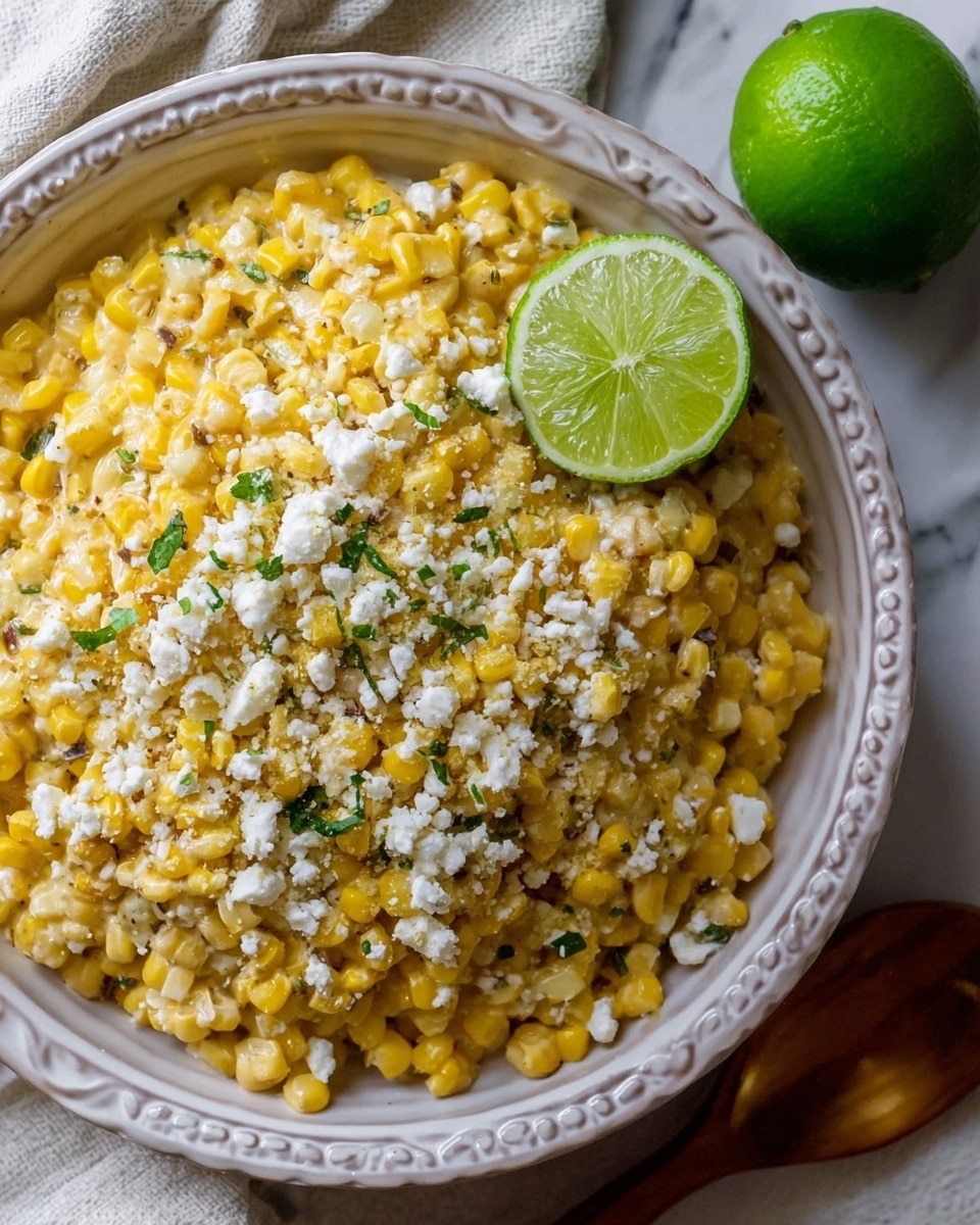The image shows a close-up of a dish with a single layer of bright yellow corn kernels mixed with white crumbled cheese and small green herb pieces, all in a round white bowl with a decorative edge. On the right side of the bowl, there is a half-cut green lime resting on top of the corn mixture. The bowl is placed on a white marbled surface with a soft cloth and whole lime nearby. The corn looks creamy and the cheese is finely crumbled on top, giving a textured look. photo taken with an iphone --ar 4:5 --v 7