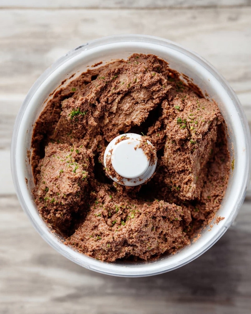 A white food processor bowl filled with several large chunks of a brown mixture that looks like a rough paste with small green and darker brown specks spread evenly throughout. The mixture has a slightly moist and coarse texture, with the pieces resting close together inside the bowl. The background is a white marbled texture. photo taken with an iphone --ar 4:5 --v 7