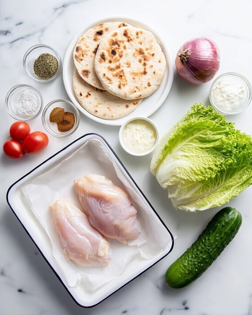 The image shows two raw pale pink chicken pieces placed on white parchment paper inside a white tray with black rim, positioned on the left side. To the right of the tray, there is a fresh green romaine lettuce with visible textured leaves and a whole purple onion with its papery skin. Above these, there is a white plate holding three round, light beige flatbreads with brown spots. Next to the plate, two small red tomatoes sit directly on the white marbled surface. Surrounding these ingredients, there are several small clear glass bowls with white creamy sauce, white salt mixed with green herbs, and a mix of brown spices. A long green cucumber lies horizontally underneath the bowls, accompanied by a small bowl with pale yellow liquid and minced garlic in another clear bowl. The background is a smooth white marble surface. Photo taken with an iphone --ar 4:5 --v 7