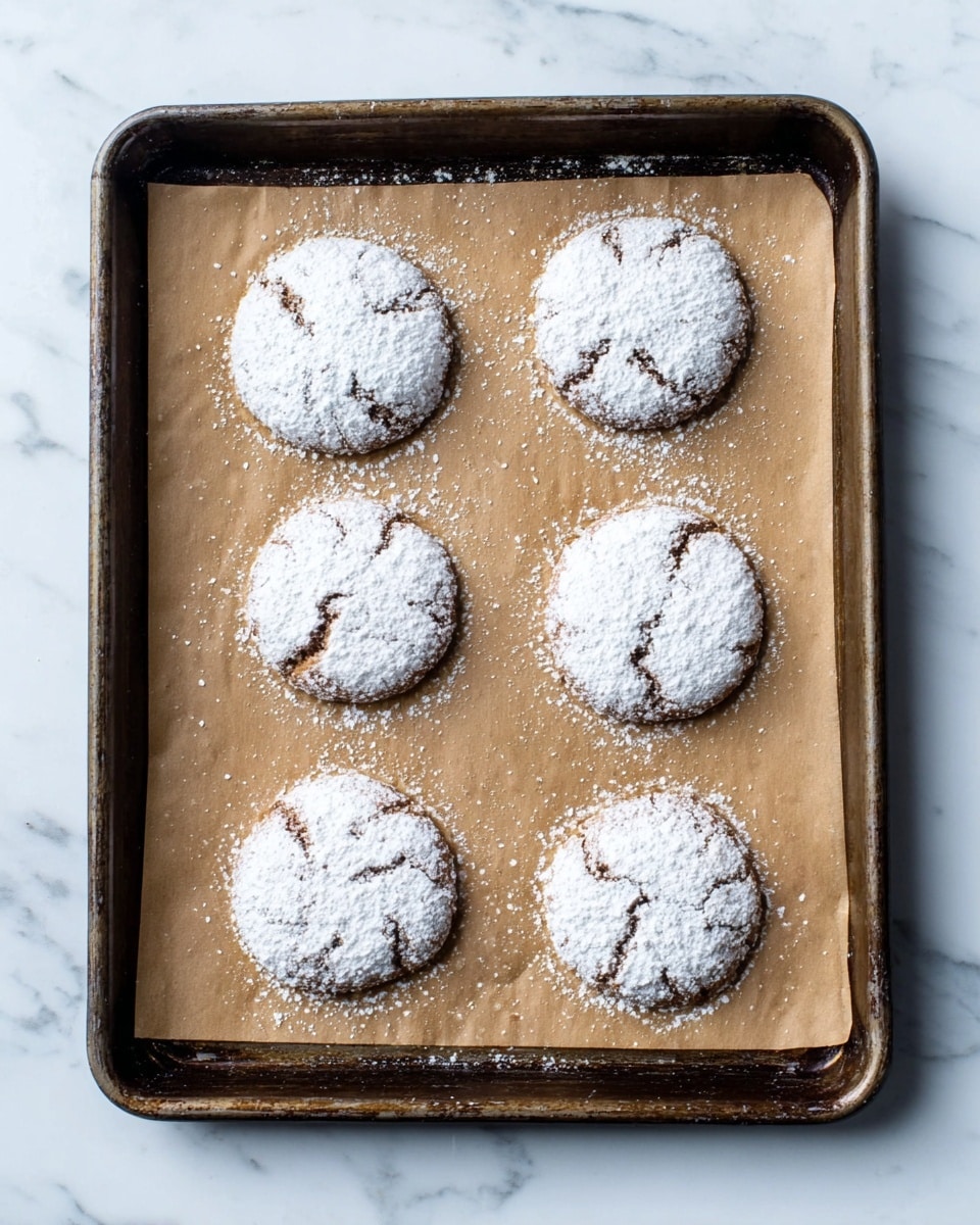 The image shows a dark metal baking tray with six round cookies on brown parchment paper. Each cookie is covered in powdered sugar, giving them a white, powdery top layer with some cracks revealing a brown, soft inside. The cookies are evenly spaced in two rows of three. The background is a white marbled texture. photo taken with an iphone --ar 4:5 --v 7