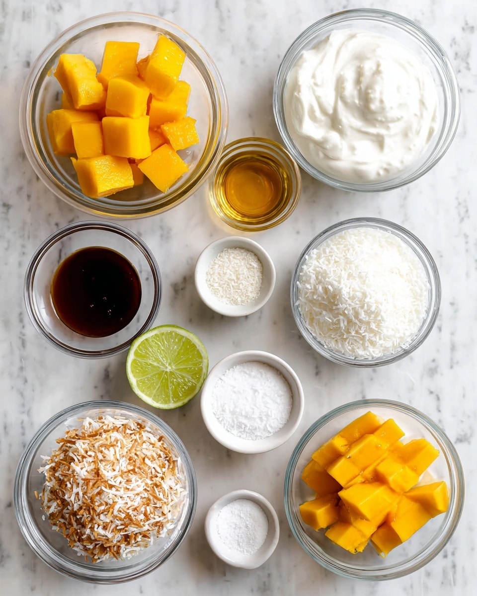 Nine clear glass bowls are arranged on a white marbled surface in a loose grid. The top left bowl shows bright orange diced mango pieces with a smooth texture. Next to it on the right, there is a bowl filled with thick white yogurt, softly whipped with a creamy texture. Below the mango bowl is a small bowl with golden honey, glossy and smooth. In the middle left, there is a small white bowl with a dark brown liquid, likely vanilla extract, and one half of a fresh lime on the side showing a light green interior with visible pulp. Below that bowl is a small white bowl with fine white salt crystals. To the right of the salt on a white marbled background is a larger bowl filled with fine white shredded coconut with a soft, fluffy texture. At the bottom left sits a clear bowl with toasted shredded coconut, showing a mix of brown and white textures, dry and crisp. Finally, the bottom right bowl contains more bright orange diced mango cubes, similar to the top left. The image has good lighting, highlighting the vibrant colors and different textures. Photo taken with an iphone --ar 4:5 --v 7