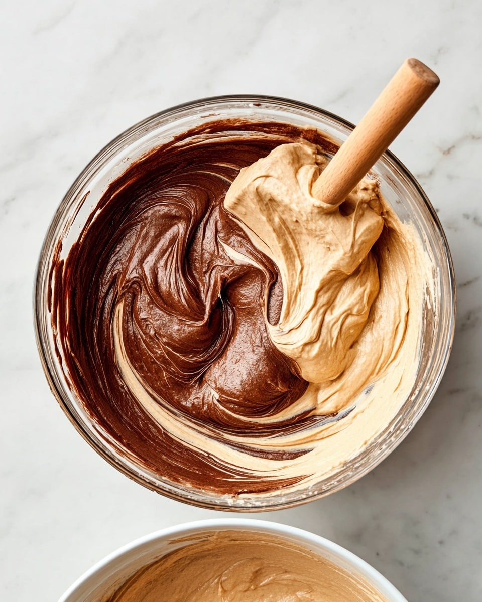 A clear glass bowl sits on a white marbled surface, filled with two swirled mixtures gently blending into each other. The first layer is a rich, dark brown chocolate batter, glossy and thick, while the second is a light beige, fluffy mixture that contrasts softly in color and texture. A spatula with a wooden handle rests in the bowl, lifting some of the swirled batter, showing the smooth, creamy folds between the two colors. Partially visible below is a white bowl with a matching light beige mixture, placed on the same white marbled surface. photo taken with an iphone --ar 4:5 --v 7