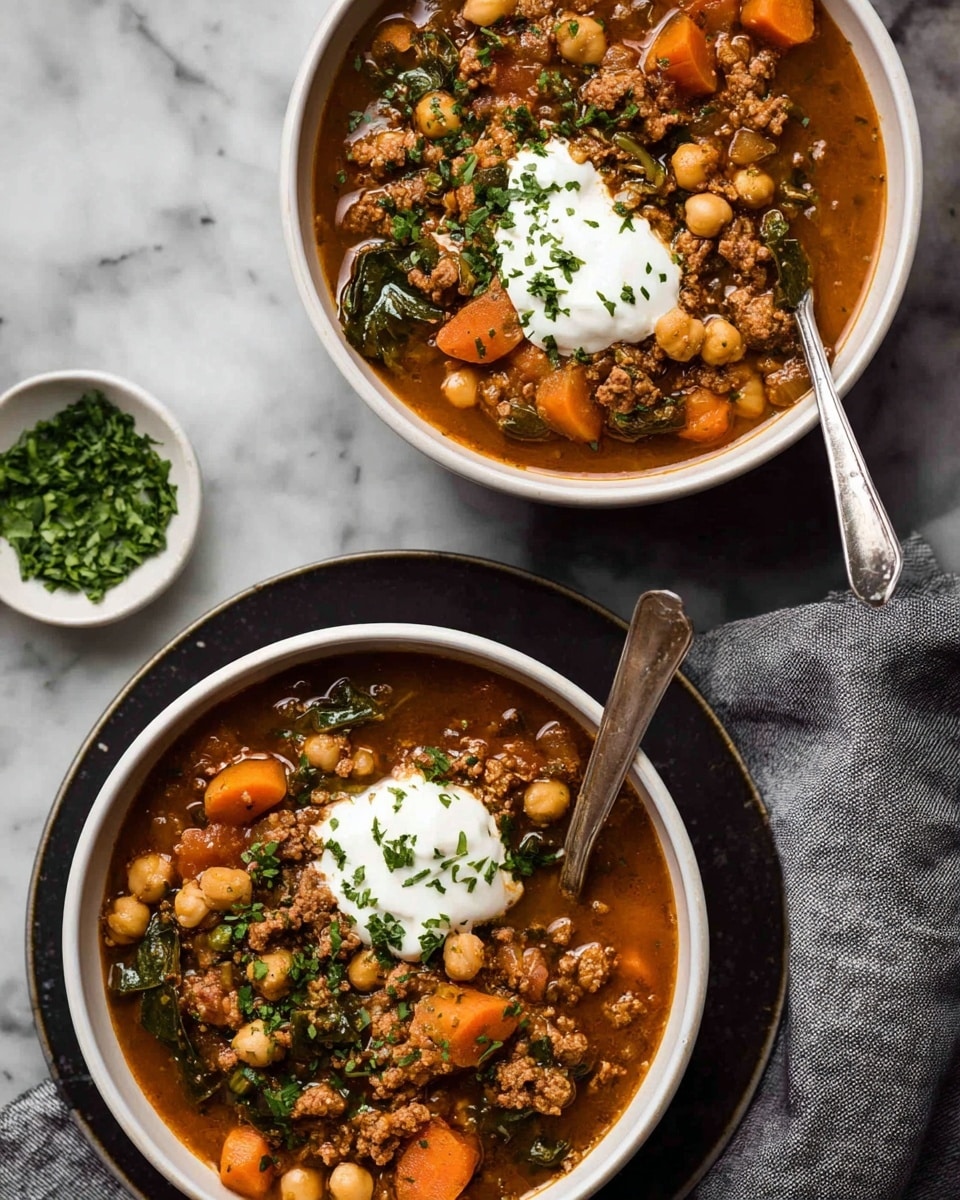 Two white bowls filled with a thick brown stew that has ground meat, chickpeas, orange carrot chunks, and some green leafy vegetables. Each bowl has a dollop of white cream sauce on top, sprinkled with chopped green herbs. A silver spoon rests inside the top bowl on the right side. The bowls are placed on a dark round plate and a grey cloth, sitting on a white marbled surface. A small white plate with chopped green herbs is visible on the side. Photo taken with an iphone --ar 4:5 --v 7