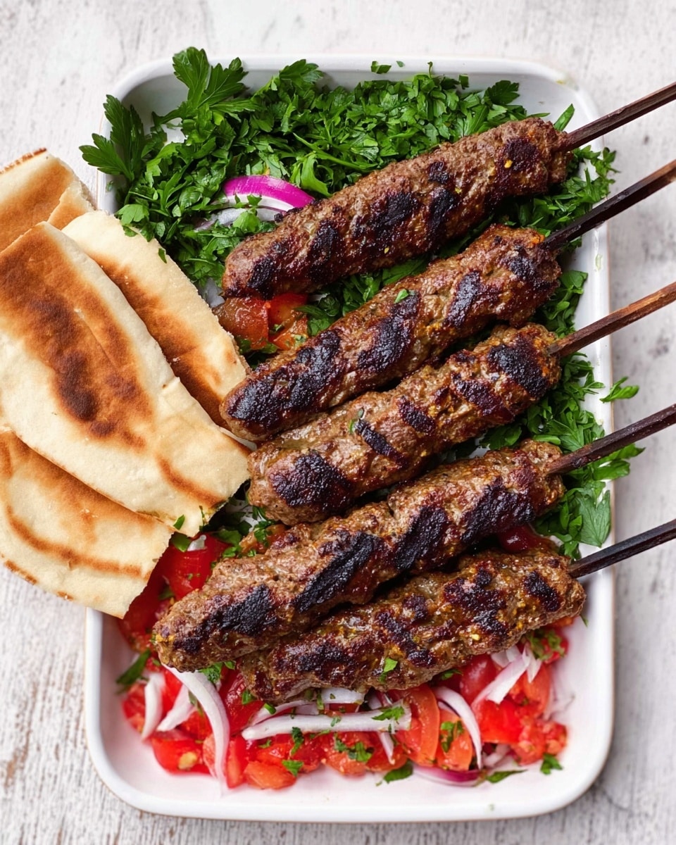 A white rectangular dish holds five dark brown grilled meat skewers with visible spices and grill marks, placed diagonally and layered over bright green fresh parsley. On the right side of the dish are chunky, red tomato pieces mixed with white onion slices and more parsley. On the left side, a flat, light beige piece of bread is folded slightly and tucked under the skewers. All the food is arranged neatly on a white marbled surface. photo taken with an iphone --ar 4:5 --v 7