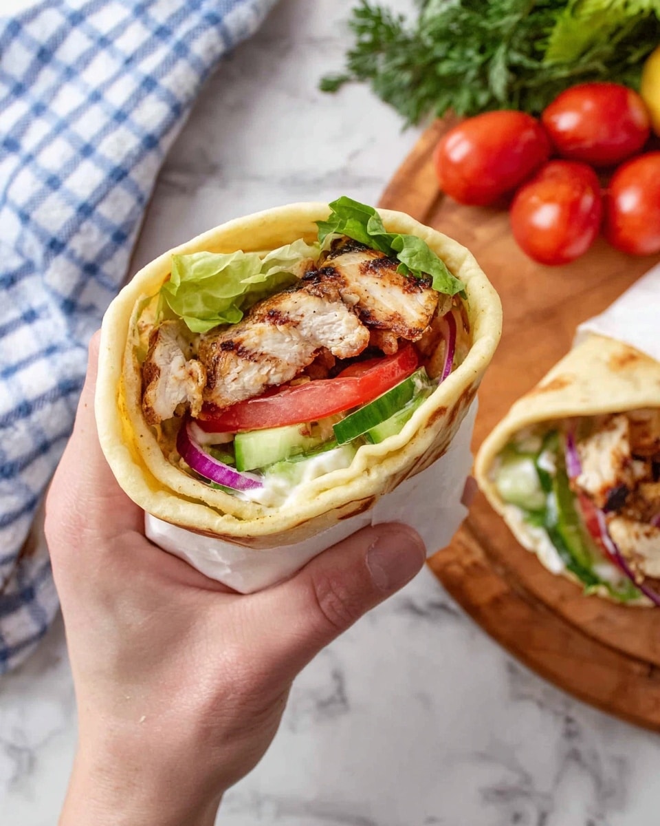 A close-up of a grilled chicken wrap held by a woman's hand, showing four layers inside a soft, pale yellow flatbread. From bottom to top, the layers include a bright red tomato slice, fresh green lettuce, light green cucumber slices, thin purple onion rings, and grilled chicken pieces with dark grill marks. In the background, there is another similarly filled wrap resting on a wooden board with some green herbs and a bunch of red tomatoes on green lettuce leaves on a white marbled surface, with a blue and white striped cloth nearby. Photo taken with an iphone --ar 4:5 --v 7