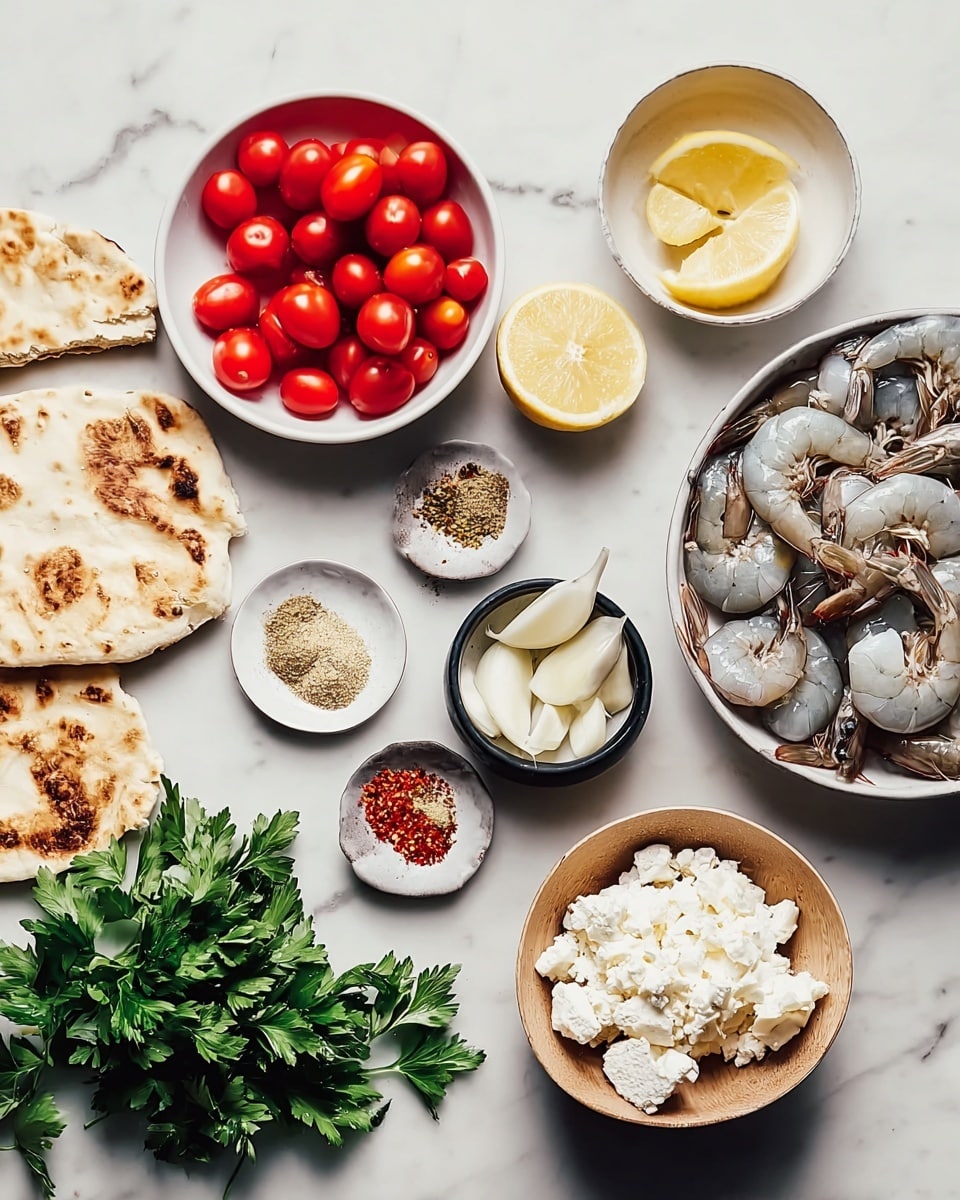 This image shows an overhead view of several small dishes and ingredients on a white marbled surface. On the left, there are two pieces of toasted flatbread with a golden-brown texture. Next to them is a white bowl filled with bright red cherry tomatoes, smooth and shiny. Above the tomatoes is a small white bowl with yellow lemon wedges. To the right of the lemons is a small black bowl filled with thin, white slices of garlic. Below those is a small white plate with seven different spices in small piles, ranging in colors from light tan, white, black, and red pepper flakes. To the right is a large white bowl holding many raw, grayish shrimp with shells on. Below that bowl is a light wooden bowl with crumbly white cheese chunks. Fresh green parsley sprigs with curly leaves are placed near the cheese bowl, spilling slightly onto the white marbled surface. The photo has natural lighting and was taken with an iphone --ar 4:5 --v 7