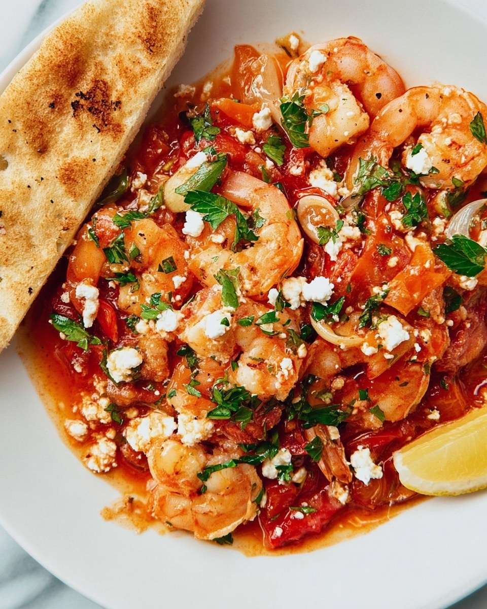 The dish shows one layer of cooked shrimp with a reddish-orange color, mixed with chunks of red tomato sauce spread evenly on a white plate. On top, there are small white pieces of cheese scattered throughout, along with green parsley leaves for garnish. Thin slices of garlic and some sliced red peppers add texture and color contrasts. On one side of the plate, there is a triangular piece of bread with a golden-brown toasted texture. A small wedge of lemon with a bright yellow color lies near the edge of the plate, all placed on a white marbled surface. Photo taken with an iphone --ar 4:5 --v 7