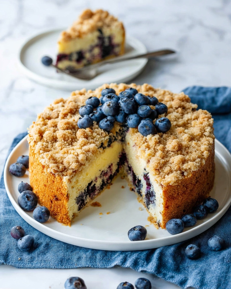 A round blueberry crumb cake is shown on a white plate resting on a blue cloth over a white marbled surface. The cake has three visible layers: a golden brown crumb topping on top with a rough texture, a light yellow cake layer with scattered blueberries inside, and a darker brown thin base layer. Fresh blueberries are scattered on top of the crumb layer and also around the plate. A slice is removed from the cake, revealing the inside, and placed on a smaller white plate in the background with a fork resting beside it. Photo taken with an iphone --ar 4:5 --v 7