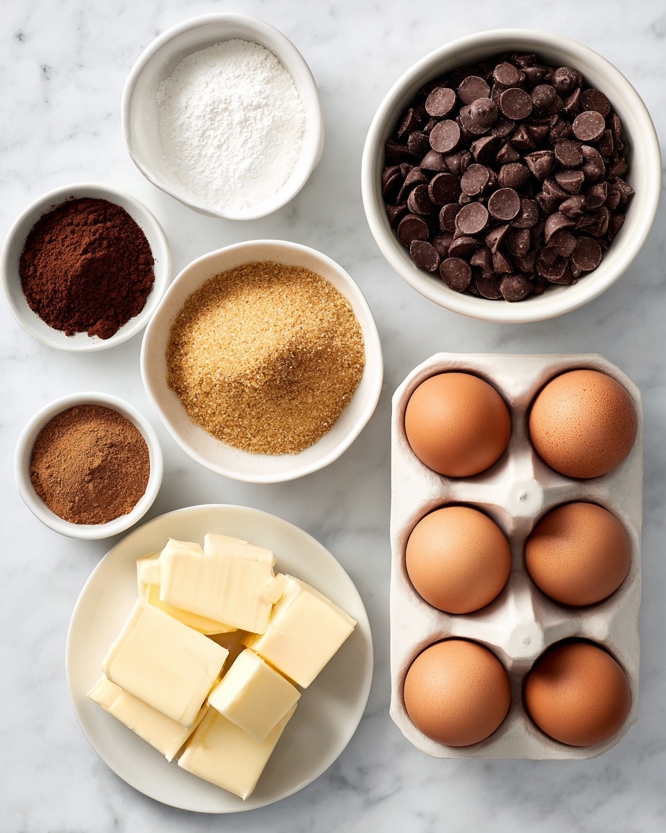 Several ingredients are shown on a white marbled table, each in a white bowl or container. At the top right, a bowl filled with dark brown chocolate chips with a glossy texture. Below it on the right side, a white egg holder contains five smooth brown eggs. To the left of the eggs, a small white bowl has a dark brown fine powder labeled espresso powder. Above it and left, a shallow white bowl holds a heap of golden brown coconut sugar with a rough, grainy texture. At the bottom left, a small white plate has four square pieces of pale yellow butter with smooth surfaces. To the right of the butter, a small white bowl contains a light brown powder of cacao with a slightly rough texture. The items are arranged neatly and spaced evenly on the white marbled surface photo taken with an iphone --ar 4:5 --v 7