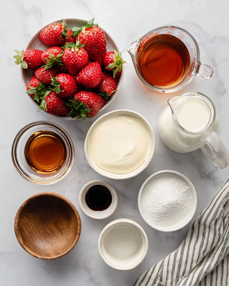 Several ingredients for a recipe are displayed on a white marbled surface, each in small white bowls or clear glass containers. There is a bowl filled with bright red strawberries with green tops, a white bowl with creamy honey, a small glass bottle filled with whole milk, and a clear measuring cup with heavy cream, all positioned on the upper part of the frame. Nearby, a small glass bowl contains rich maple syrup, and a tiny white bowl holds dark amber vanilla extract. On the lower left side, a round wooden bowl is filled with white salt, and next to it, a white shallow dish contains white gelatin powder. Following a striped cloth partially visible on the right side, a small white cup holds water. The overall setup is clean and bright, with a soft natural light enhancing the colors. Photo taken with an iphone --ar 4:5 --v 7