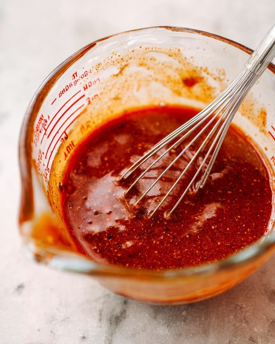 A clear glass measuring cup filled with a rich, thick reddish-brown sauce that has a slightly grainy texture with visible small dark flecks. A metal whisk is partially submerged in the sauce, with some sauce dripping off its wires, showing a glossy shine. The measuring cup is placed on a white marbled surface, and the sauce clings to the sides of the glass, highlighting its thickness. Photo taken with an iphone --ar 4:5 --v 7