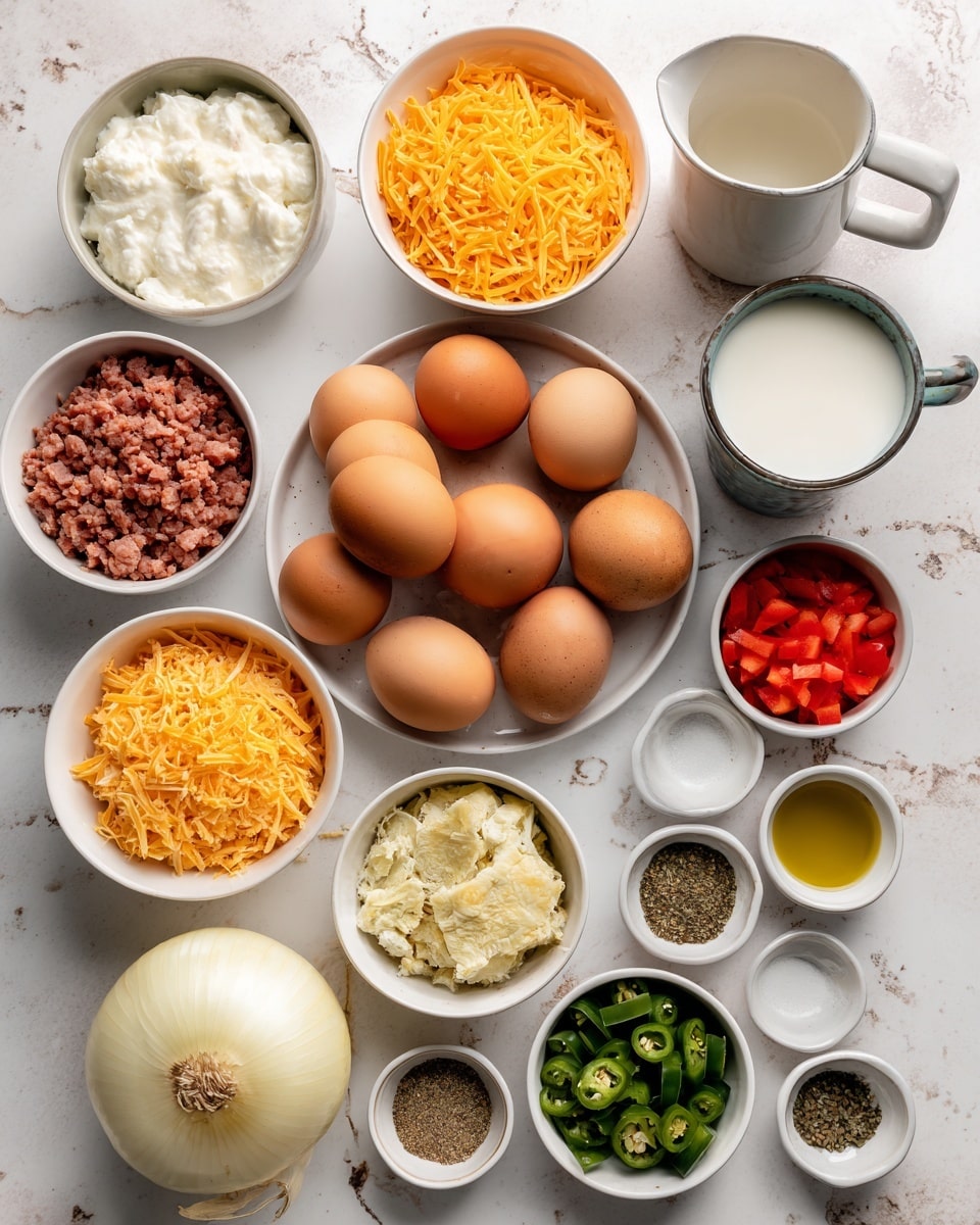 The image shows multiple ingredients arranged neatly on a white marbled surface. In the center, there is a white bowl filled with twelve brown eggs stacked together. To the top left of the eggs is a white bowl with ground ham and sausage. At the top right, a white bowl with bright orange shredded cheddar cheese is seen next to a metal pitcher filled with white milk. Below the chunk of eggs is a small white bowl of diced red bell pepper, a white bowl of shredded hashbrowns, and a white round bowl of green chilies placed to the right. Small ceramic bowls contain garlic powder, salt, pepper, dijon mustard, and olive oil. A whole white onion sits near the center bottom. The arrangement shows clear textures from soft eggs and shredded cheese to finely chopped peppers. The photo taken with an iphone --ar 4:5 --v 7